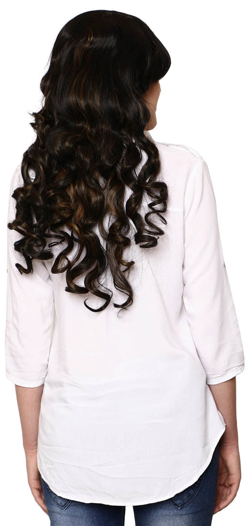 Lush Locks Weather Proof Long Blonde highlighted curly with bangs