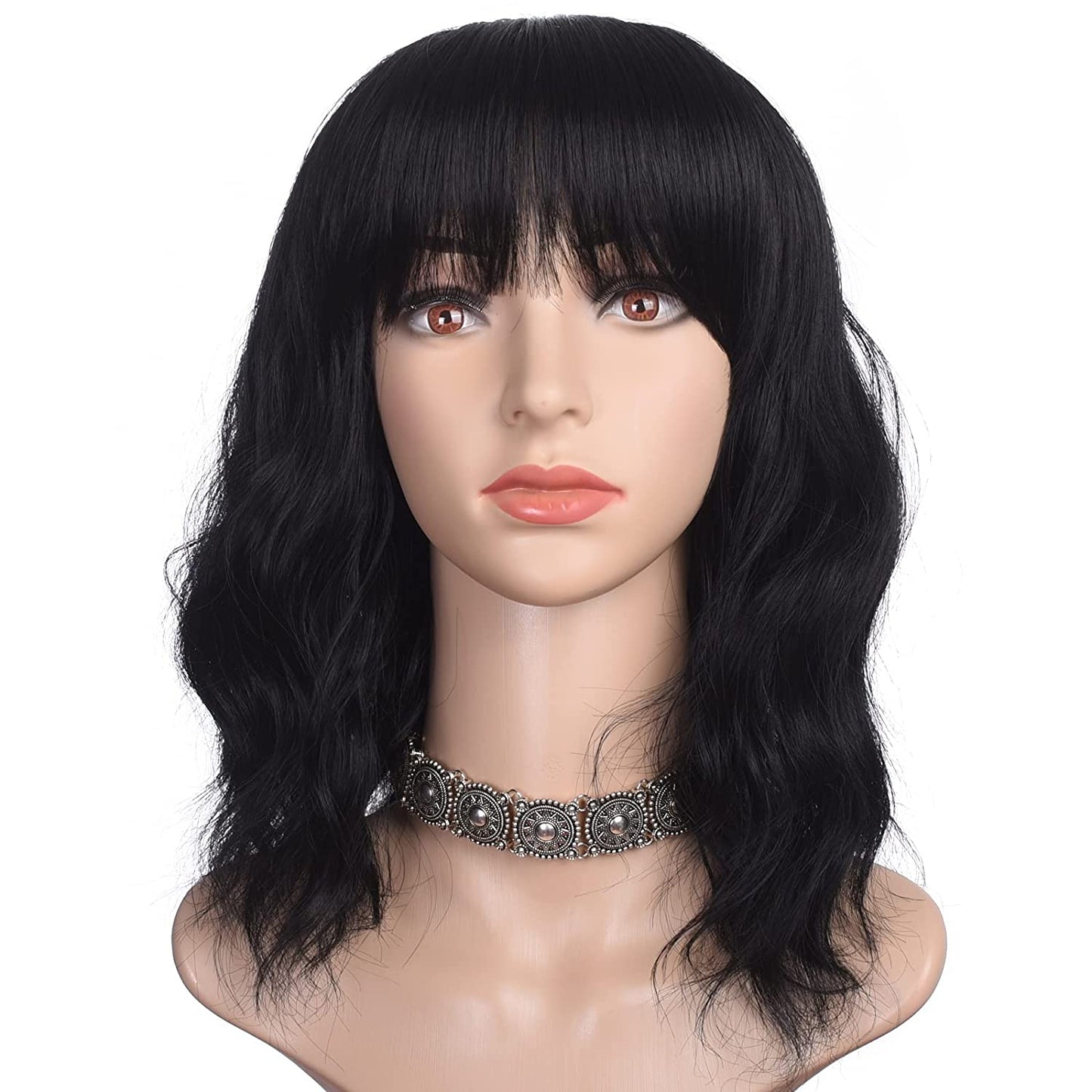 Lush Locks Wavy Short Black Wavy Bob Hair Wig with Bangs