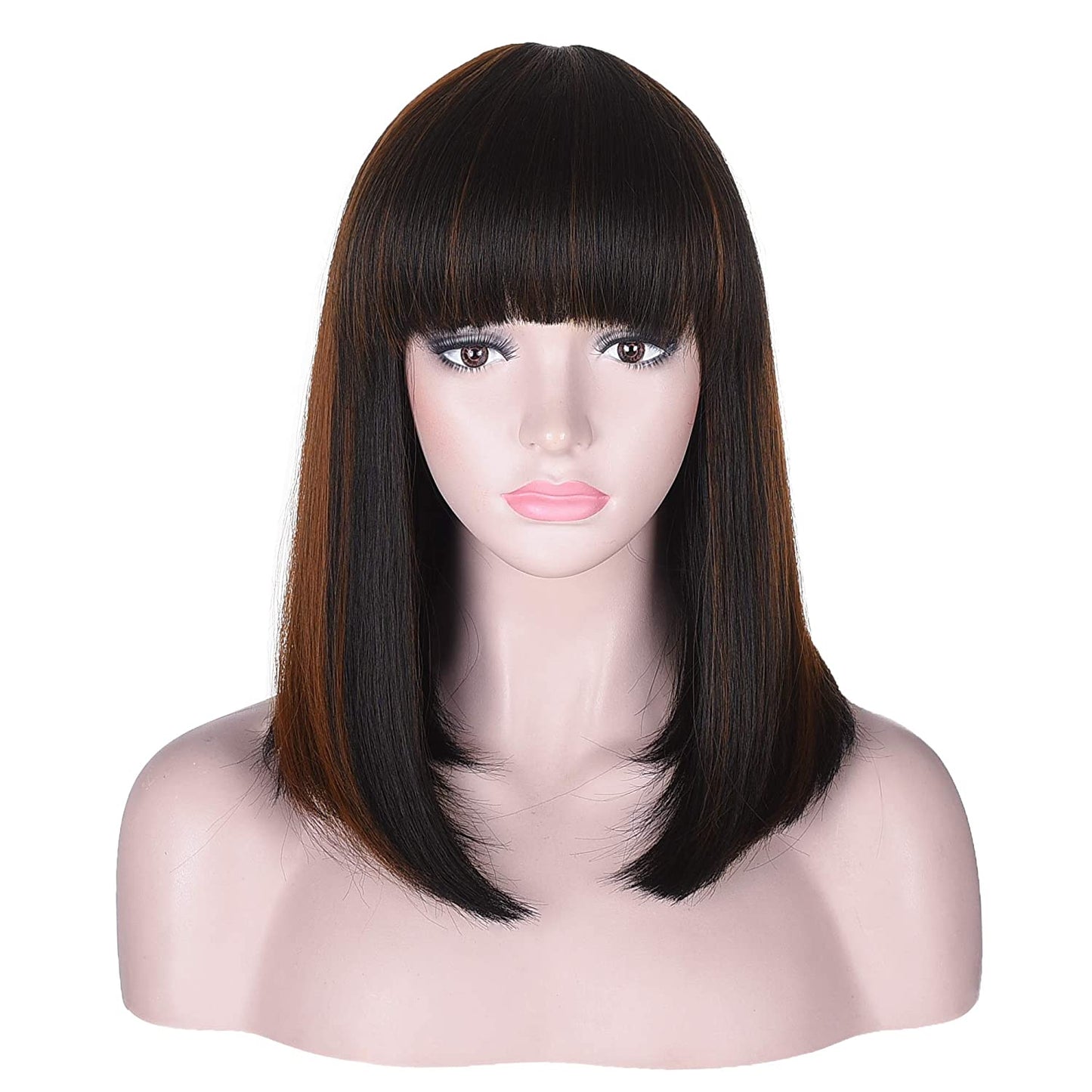 Lush Locks 15 Inch Short Straight Black with Brown Highlights Bob Wig with Bangs