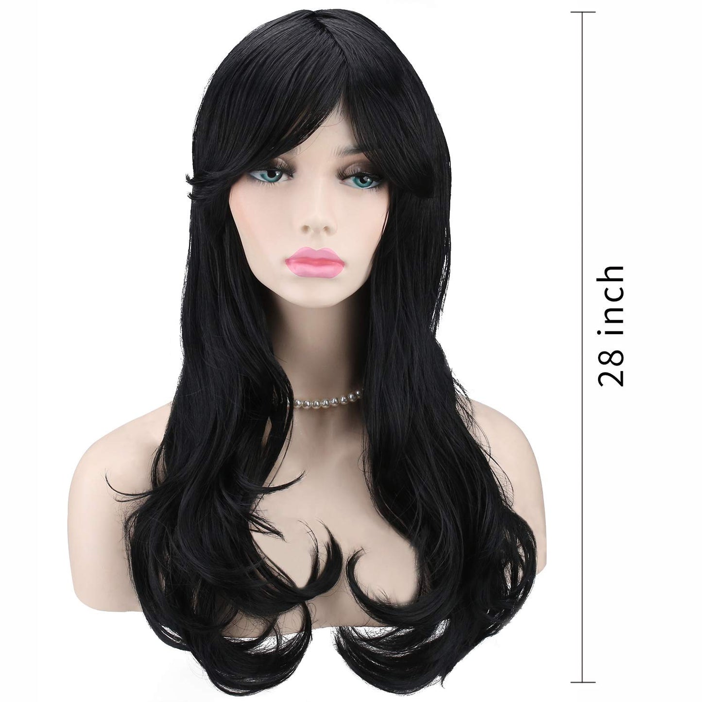 Lush Locks  Wavy Layered Women’s Heat Resistant 28-Inch 70cm Long Curly Hair Wig with Wig Cap, Black