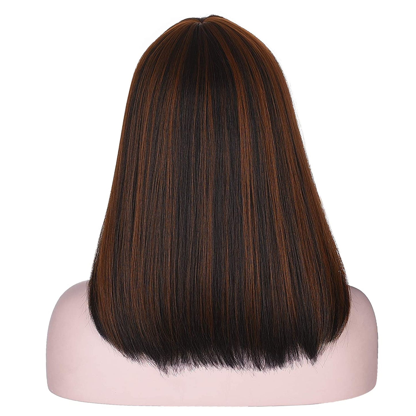 Lush Locks 15 Inch Short Straight Black with Brown Highlights Bob Wig with Bangs