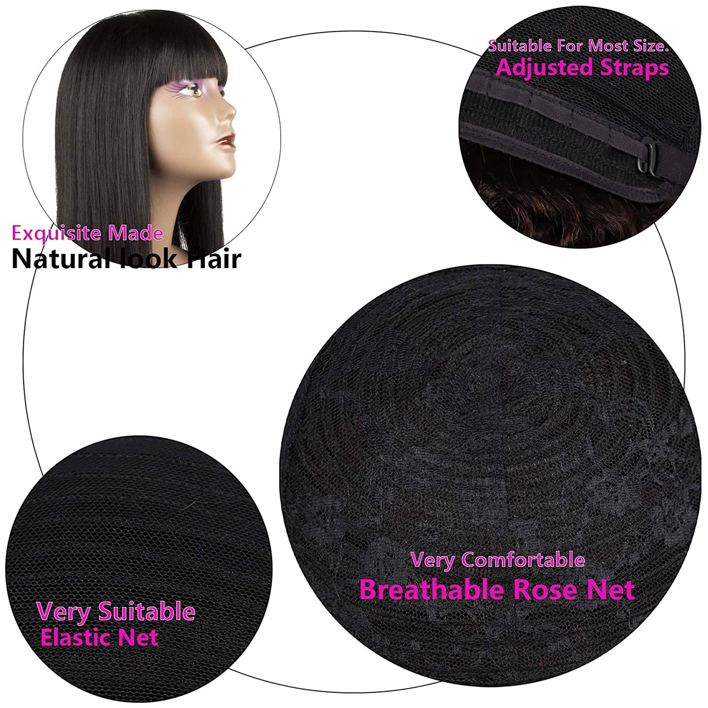 Lush Locks Straight Human Hair Wigs With Bangs 150% Density For Women  Hair Glueless Machine Made Remy Hair Wig.