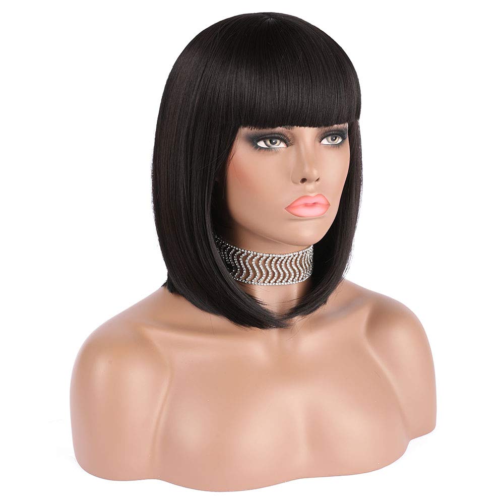 Lush Locks Straight Short Hair Bob Wig 12 inches with Flat Bangs Synthetic Wig for Women (Black)