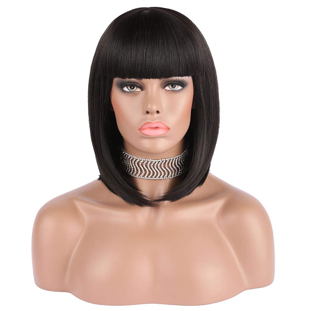 Lush Locks Straight Short Hair Bob Wig 12 inches with Flat Bangs Synthetic Wig for Women (Black)