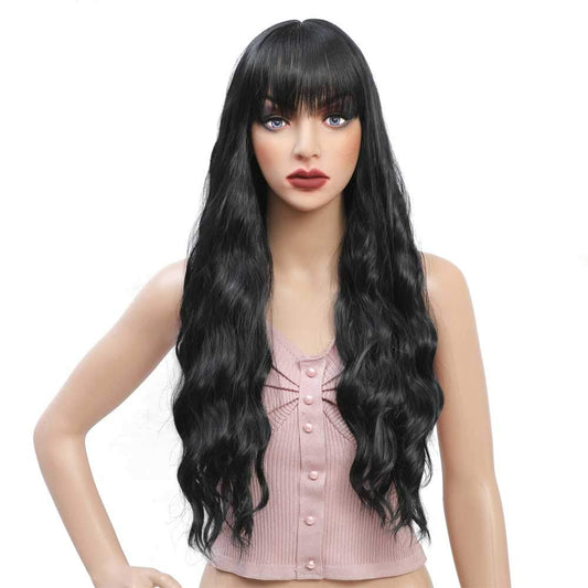 Lush Locks Long With Bangs Wigs Full Head Long Wavy Hair Wigs for Women (Natural Black )