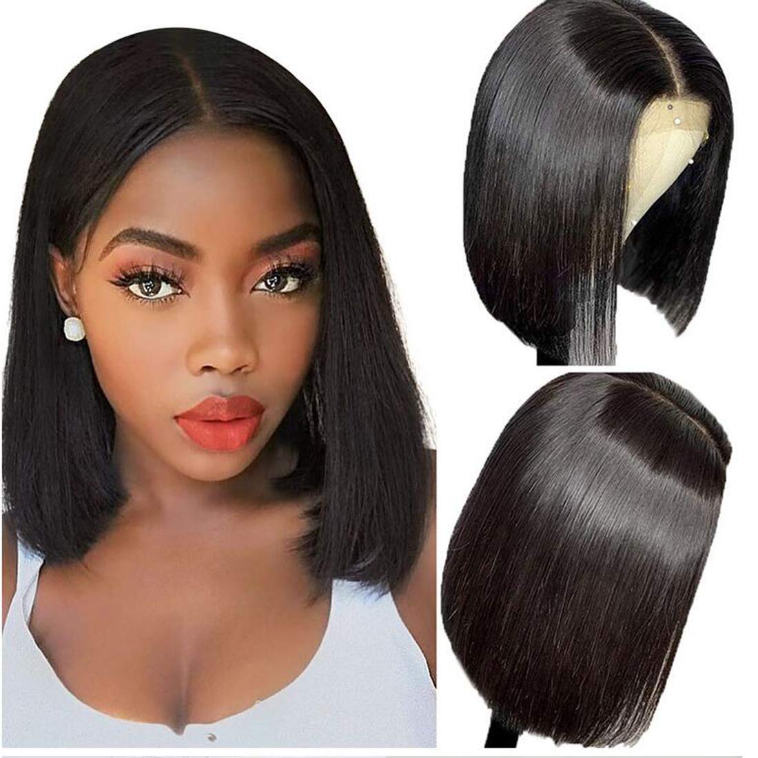 Lush Locks Glueless Short Bob Wigs for  Women Human Hair Lace Front Straight Bob Wigs Free Part Natural Color Wig