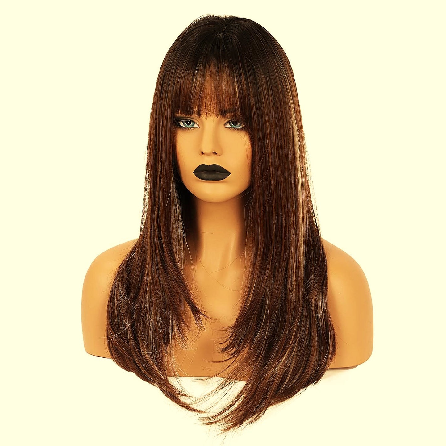 Lush Locks  Women Brown Wig Black Roots Synthetic Wigs with Bangs Long Straight Brunette Wig Natural Look Realistic Wig 20 Inches