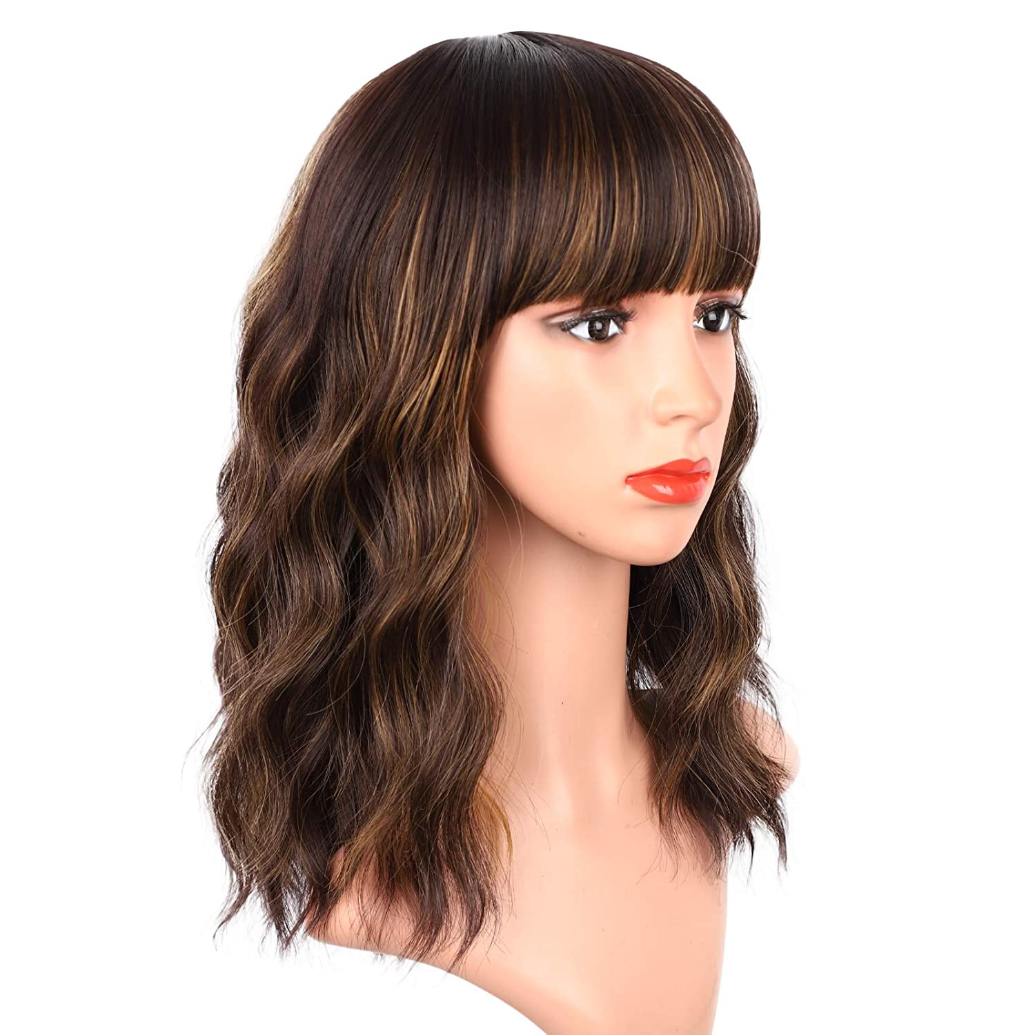 Lush Locks Dark Brown Wig with Bangs Wavy Bob Highlighted Wig for Women.