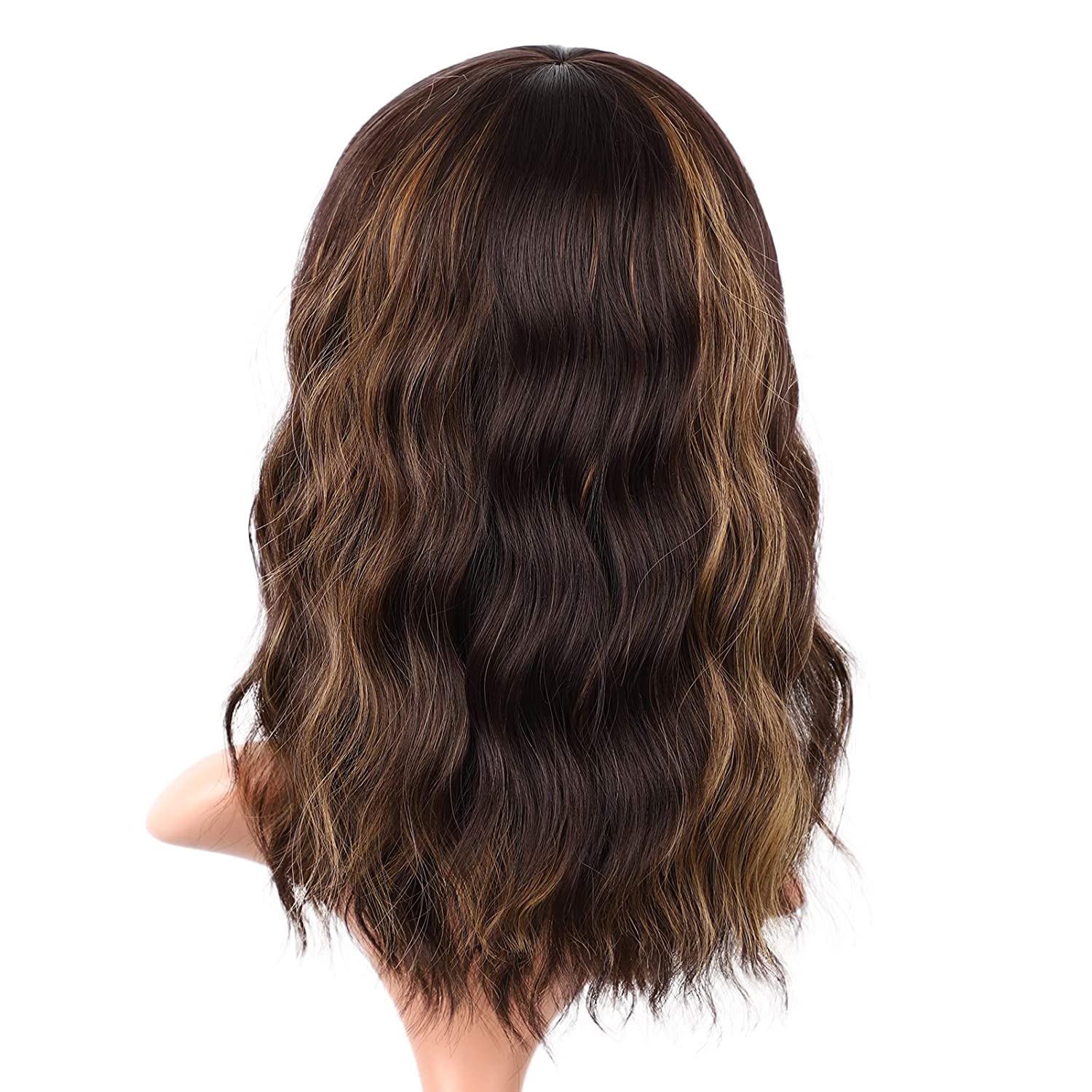 Lush Locks Dark Brown Wig with Bangs Wavy Bob Highlighted Wig for Women.