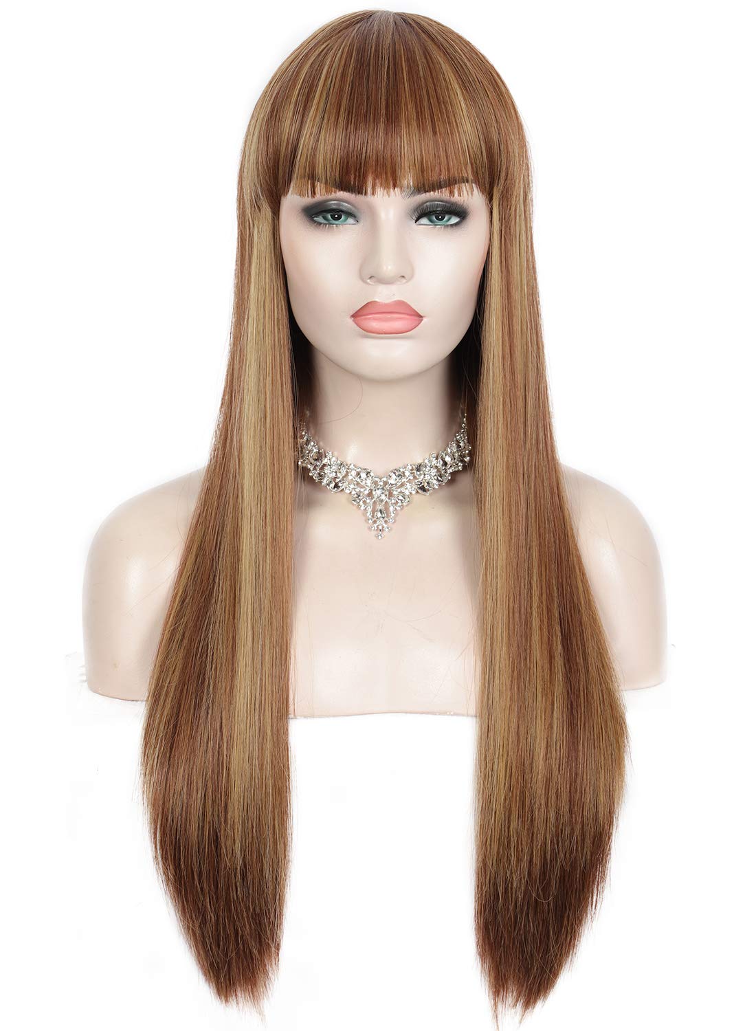 Lush Locks Long Straight Brown Highlights Wig with Bangs for Women Heat Resistant Yaki Synthetic Full Wig Natural Look 28 Inch
