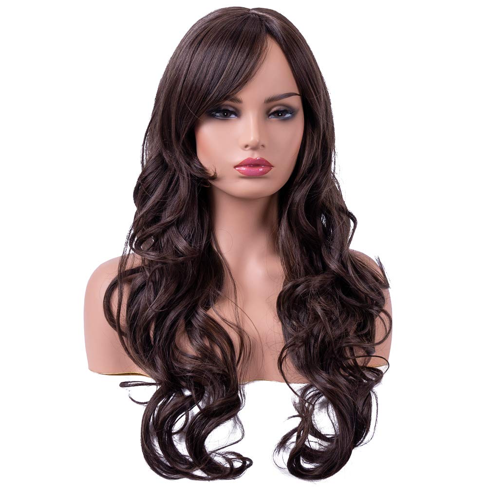 Lush Locks Dark Brown Wigs for Women Long Wavy Wigs with BangsNatural Looking Full Wigs .